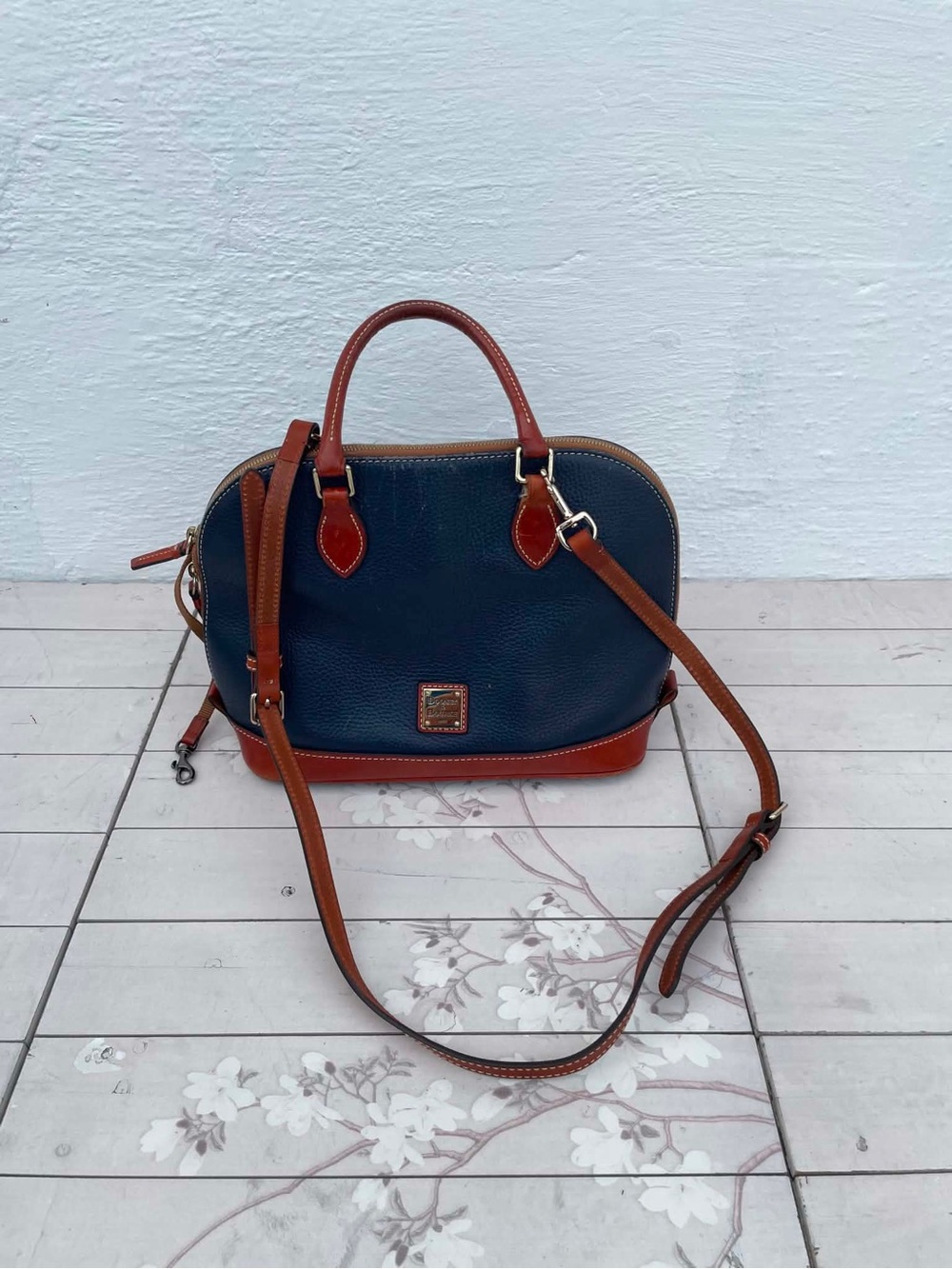 Dooney & Bourke Navy Pebble Leather Satchel with Brown Trim and Strap - Picture 2 of 14